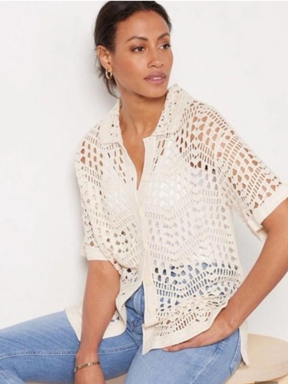 Evereve Cream Crochet Short-Sleeve Button-Down Cardigan, Size XS